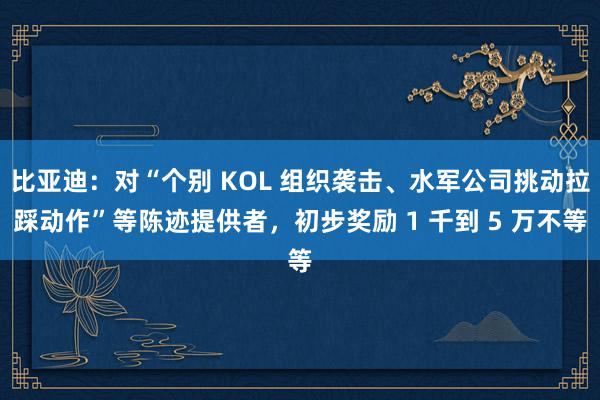 比亚迪：对“个别 KOL 组织袭击、水军公司挑动拉踩动作”等陈迹提供者，初步奖励 1 千到 5 万不等